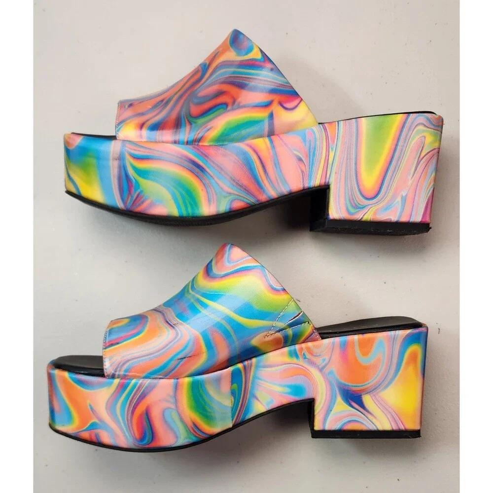 Funky Psychedelic Multicolor Platform Slides By Katy Perry The Busy Bee Sz 6.5M